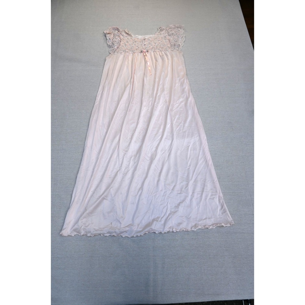 Vintage Nightgown Womens Pink Lace Bodice Rosette Flutter Sleeve Romantic